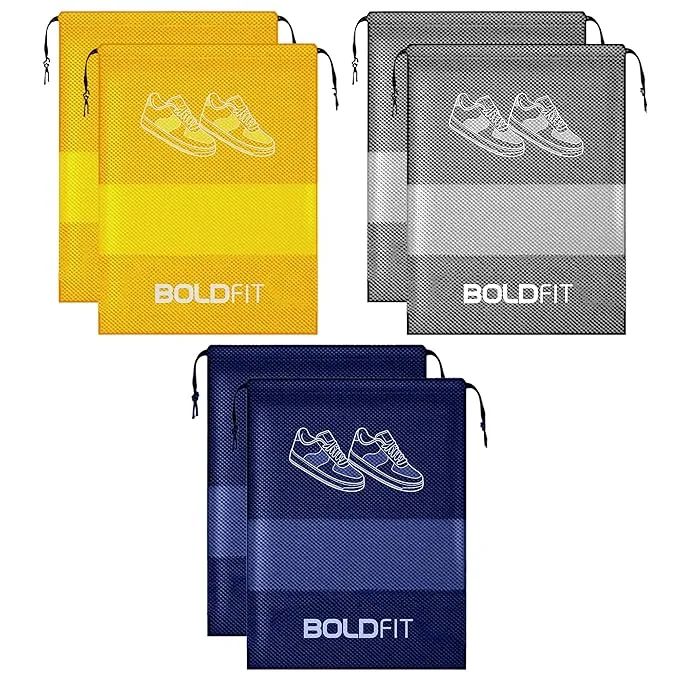 Boldfit Shoe Bag for Travel & Storage Travel Organizer for Women & Men Travel Accessories Shoe Organizer Shoe Bags Pouches Travel Shoe Cover, Essentials - Pack of 6 Shoe Pouch (Blue, Yellow, Grey)