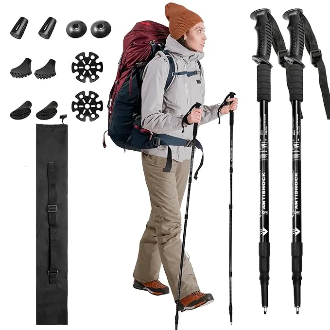 2 Pieces Trekking Poles, Adjustable Hiking Poles 135 cm with All-Terrain Accessories, Strong and Light, High Strength Aluminium Alloy, Suitable for Mountaineering, Hiking