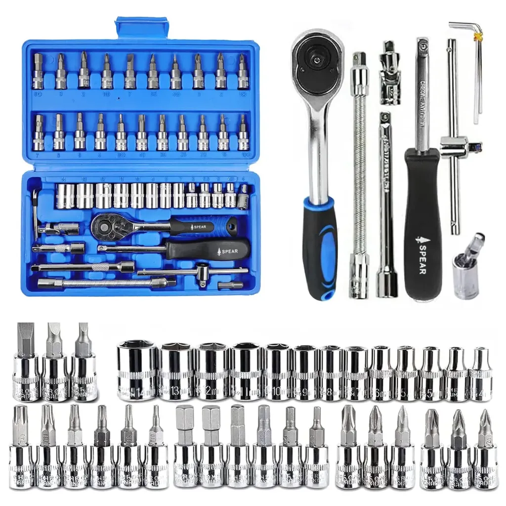 AEGON SPEAR SA46 Heavy Duty 1/4" Combinational 46 Pcs Chrome Vanadium Ratchet Socket Wrench Hand Tool Kit Set For Repairing Work, DIY, Auto Repairs Car & Bike