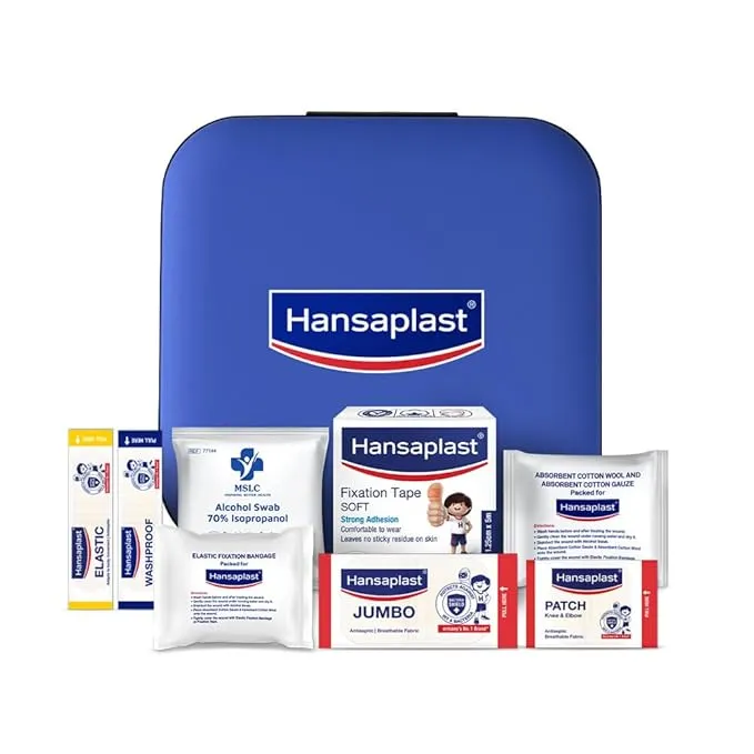 Hansaplast Fast Aid Kit for Wounds & Bruises | First Aid Kit | 9 Items - 38 Pieces | Emergency Medical Kit for Home, Office, Travel, Car, Sports, Outdoor, Multi-Use Pack for Cuts, Wounds & Injuries | Lightweight & Compact